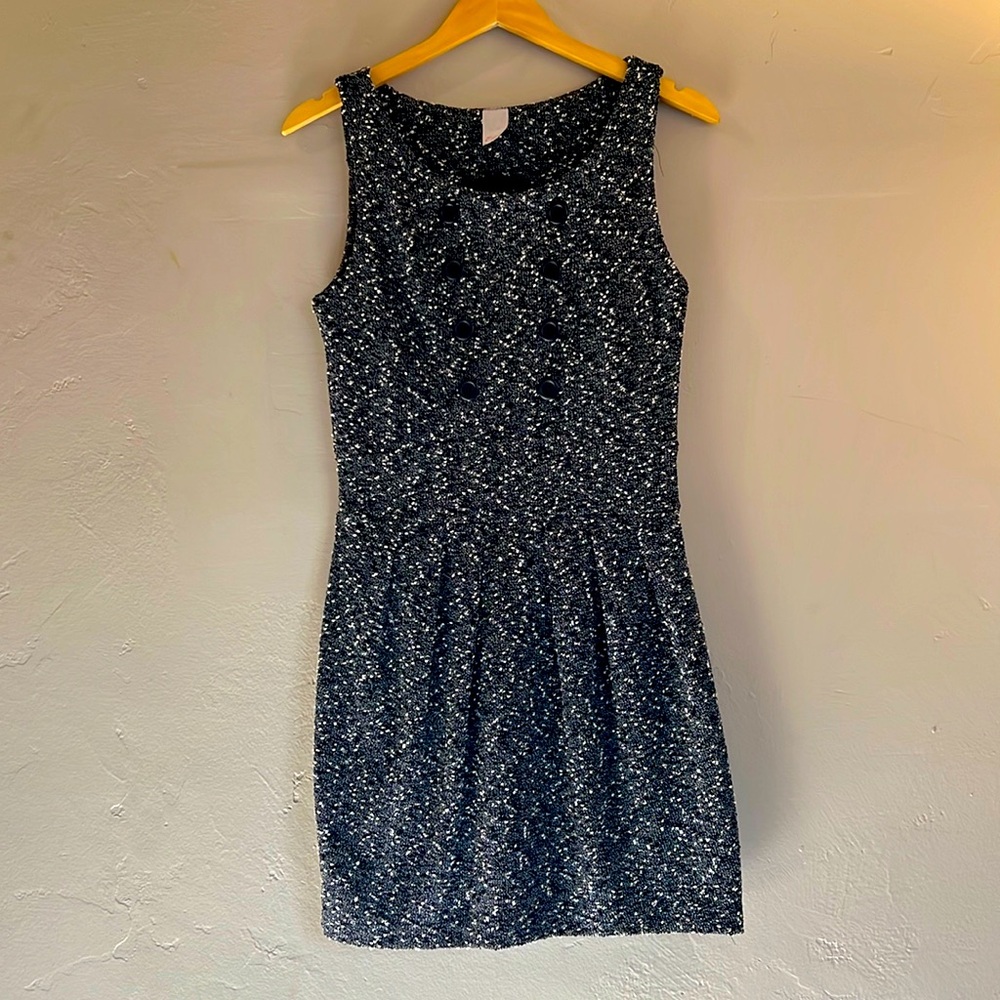 Textured black and white mini dress with button detail. Size M